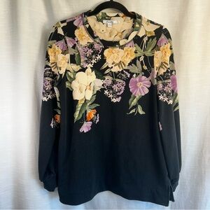 Chicos Women’s Black Floral Long Sleeve Sweatshirt W/ Pockets & Slit Sides Sz S